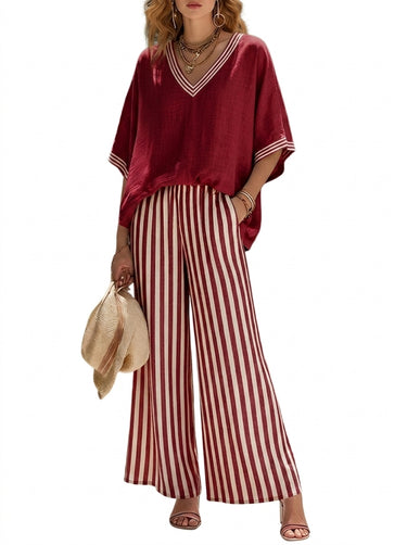 Women's V-Neck Short Sleeve Top and Striped Wide-Leg Pants Set | imported-image-1