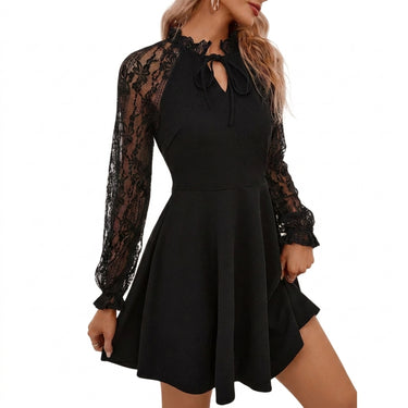 Women's Lace Long Sleeve High Neck Flared Dress with Tie Detail | imported-image-4