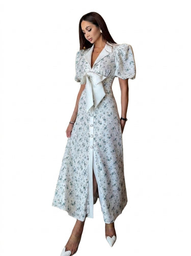 Women's Floral Print Midi Dress with Puff Sleeves and Waist Bow | imported-image-2