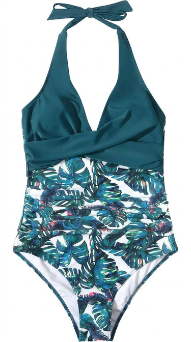 Women's Halter Neck Wrap Bodice Leaf Print One-Piece Swimsuit | imported-image-3