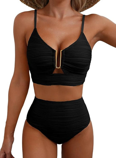Women's Textured Two-Piece Bikini with High-Waisted Bottoms and Metal Hardware | imported-image-1