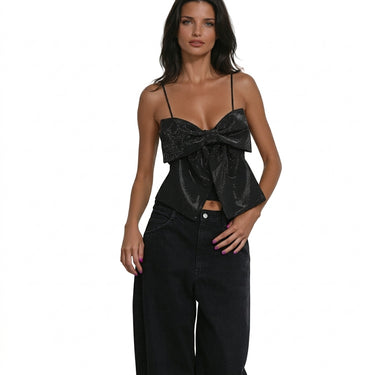 Women's Spaghetti Strap Cropped Top with Large Front Bow and Glitter Pattern | imported-image-1