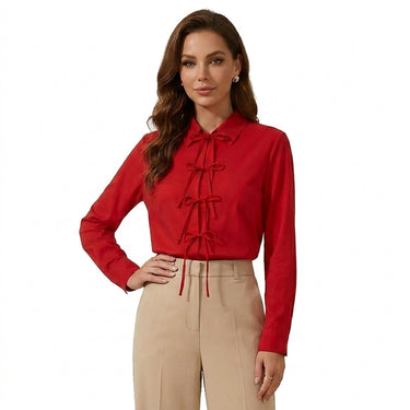 Blouse Women Long Sleeve Lace Up Closure Structured Fit Red