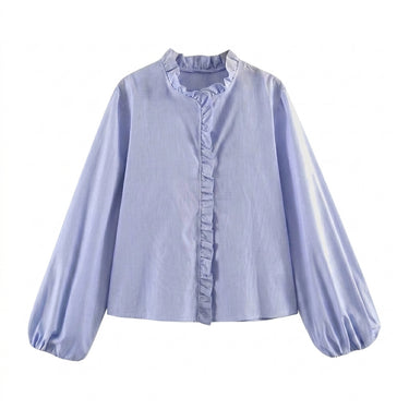 Blouse Women Loose Fit Long Sleeve Ruffle Detail Design Light blue