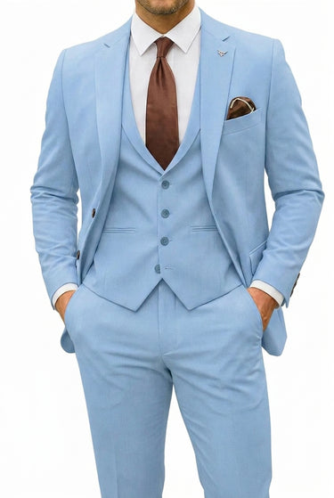 Men's 3-Piece Suit with Notch Lapel Blazer, Four-Button Waistcoat, and Flat Front Trousers Light Blue