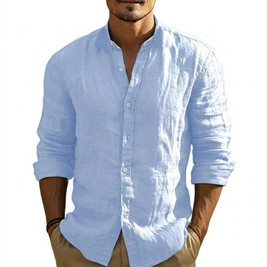 Men's Band Collar Button Down Long Sleeve Shirt Light Blue
