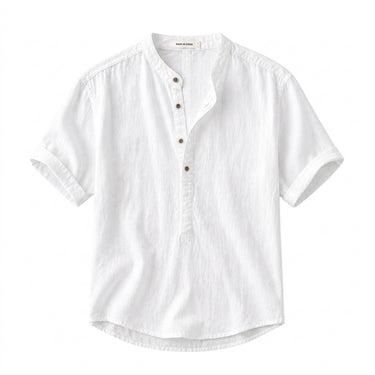 Men’s Band Collar Short Sleeve Popover Shirt with Rolled Cuffs 1