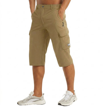 Men's Below-Knee Cargo Shorts with Flap Pockets and Zipper Detail Khaki