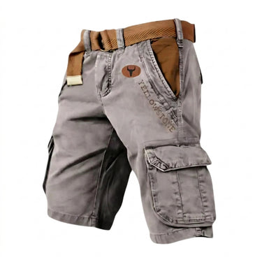 Mens Cargo Shorts with Woven Belt and Graphic Print Gray