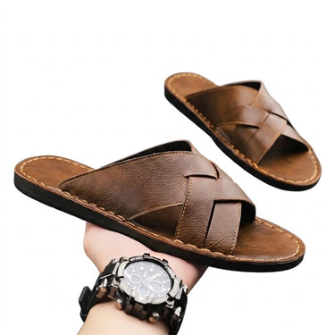 Men's Cross-Strap Slide Sandals with Perimeter Stitching Brown
