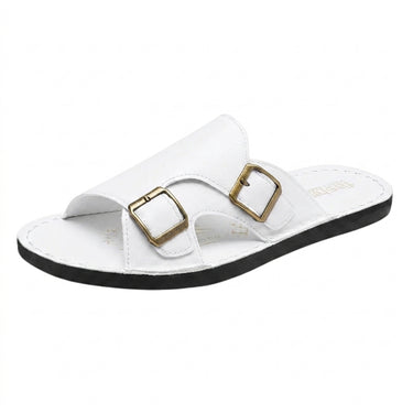 Men's Double Strap Buckle Sandals with Flat Sole White