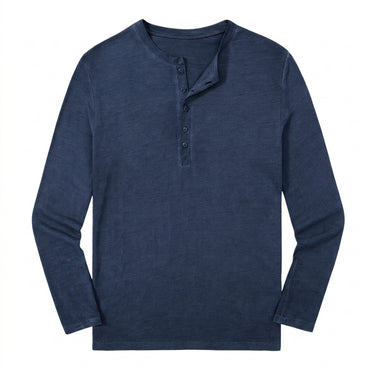 Men's Long-Sleeve Five-Button Henley Shirt with Slub Texture Blue