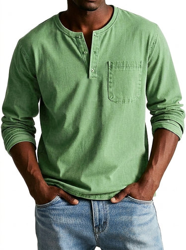 Men's Long-Sleeve Henley Shirt with Chest Pocket Green