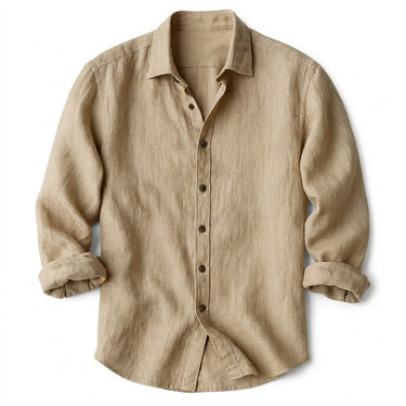 Men's Long Sleeve Point Collar Button-Front Shirt with Curved Hem Khaki
