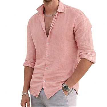 Men's Long-Sleeved Button-Down Linen Shirt with Spread Collar Pink