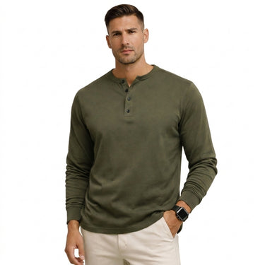 Men's Long-Sleeved Henley Shirt with Four-Button Placket and Ribbed Cuffs Army Green