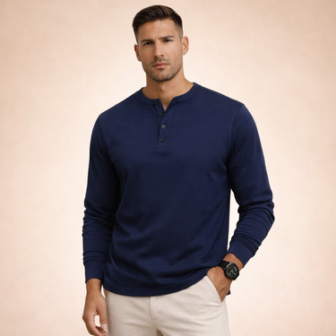 Men's Long-Sleeved Henley Shirt with Four-Button Placket and Ribbed Cuffs Navy Blue