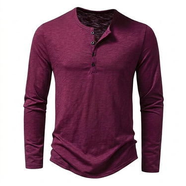 Men's Long-Sleeved Slub Texture Henley Shirt with Curved Hem Purple