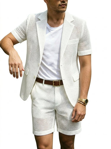 Men's Mesh Grid Short-Sleeve Blazer and Shorts Set White