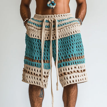 Men's Open Work Striped Drawstring Shorts Blue