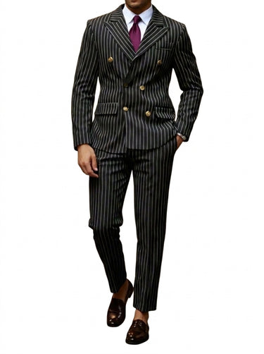 Men's Pinstripe Suit with Peak Lapels and Gold Tone Buttons Black