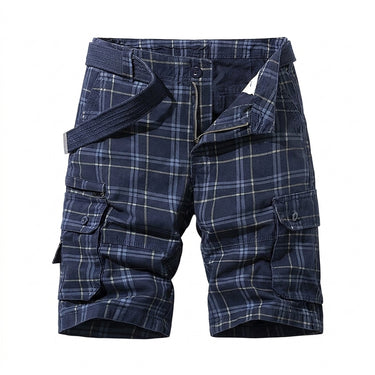 Mens Plaid Cargo Shorts with Belt and Flap Pockets Blue