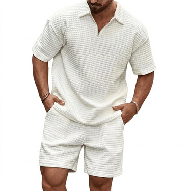 Men's Quarter-Zip Polo and Shorts Set with Grid Texture White