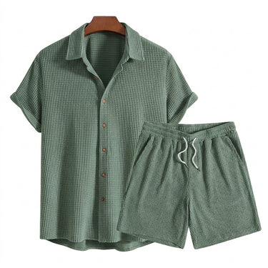 Mens Short Sleeve Button Down Shirt and Drawstring Shorts Set with Waffle Texture Green