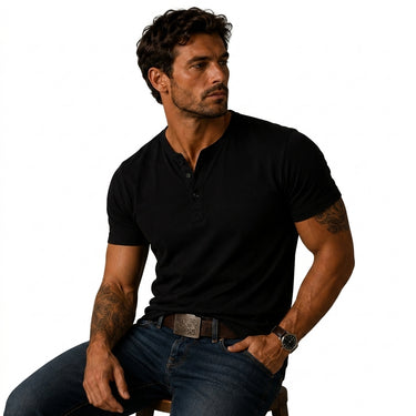 Mens Short Sleeve Henley Shirt with Three Button Placket Black