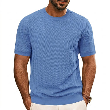 Men's Short Sleeve Knit T-Shirt with Chevron Texture and Ribbed Trim Blue