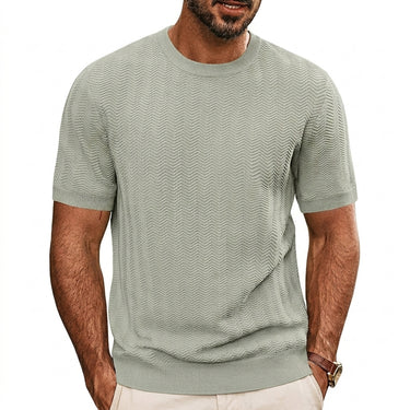 Men's Short Sleeve Knit T-Shirt with Chevron Texture and Ribbed Trim Light Grey