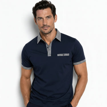 Men's Short Sleeve Polo Shirt with Patterned Trim Dark Blue