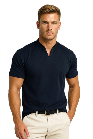 Men's Short Sleeve Split Collar Shirt Dark Blue
