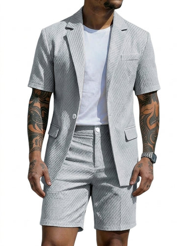 Men's Short-Sleeve Textured Blazer and Shorts Set Light Gray