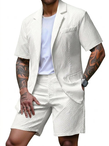 Men's Short-Sleeve Textured Blazer and Shorts Set White