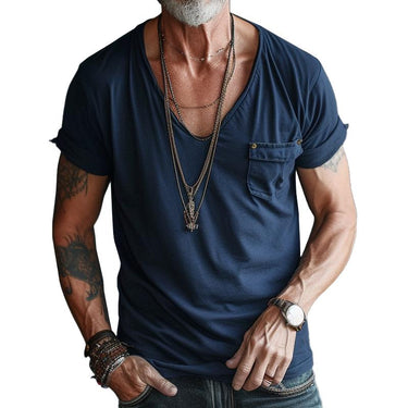 Men's Short Sleeve V Neck Pocket T Shirt Navy Blue