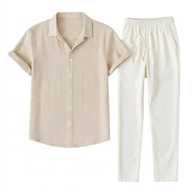 Men's Short-Sleeved Camp Collar Shirt and Drawstring Pants Set Khaki