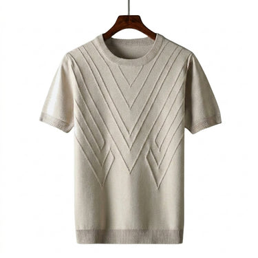 Men's Short Sleeved Knit Shirt with Geometric Pattern Crew Neck Apricot