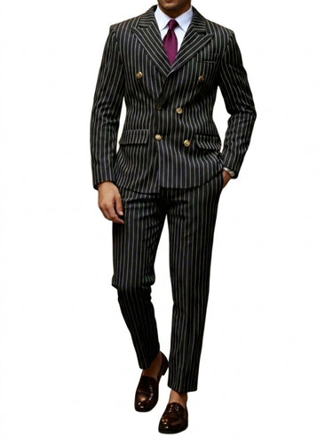 Men's Slim Fit Pinstripe Suit with Peak Lapels and Metallic Buttons Black