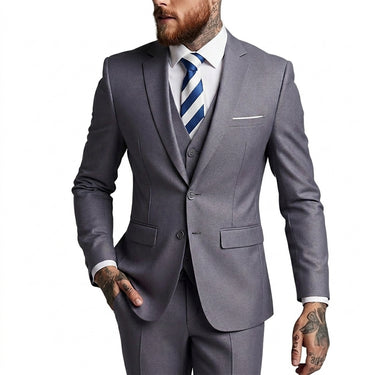 Men's Slim Fit Three-Piece Suit with Notched Lapels and Flap Pockets Dark Grey