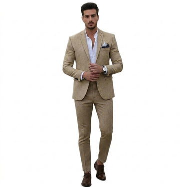 Men's Slim Fit Two-Piece Suit with Notched Lapels and Flap Pockets Khaki