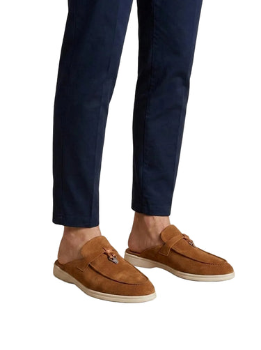 Men's Suede-Textured Mule Loafers with Open Back and Metal Detail Brown