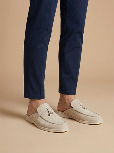 Men's Suede-Textured Mule Loafers with Open Back and Metal Detail Light Grey