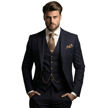 Men's Three-Piece Suit with Notched Lapels and Pocket Watch Chain Black