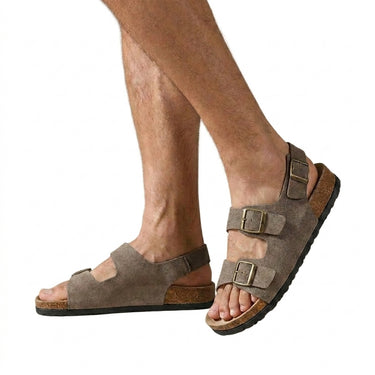 Men's Three-Strap Sandals with Cork Midsole and Buckles Khaki