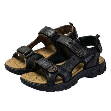 Men's Triple Strap Sandals with Lugged Outsole and Patterned Footbed Black
