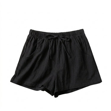 Shorts Women Linen High Waist Drawstring Relaxed Fit Cut Black