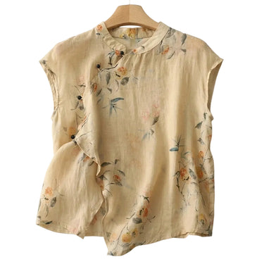 Women Blouse Linen Sleeveless Mandarin Collar Button Placket Beige