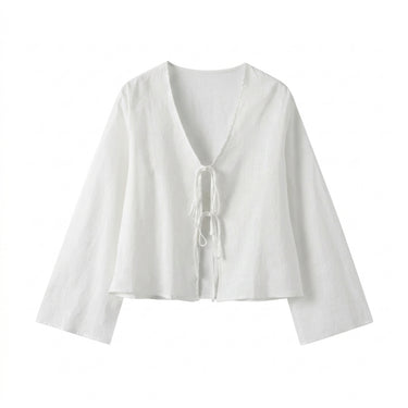 Women Crop Top Linen Cropped Front Tie Closure Design White