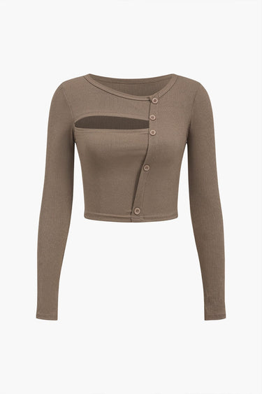 Women Long Sleeve Top Asymmetrical Cut Button Closure Brown